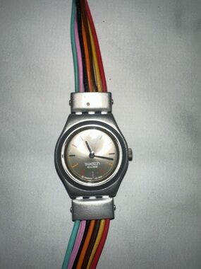 🇨🇭Swatch Purchased in Switzerland With Silver Dial Watch with Rainbow Strap